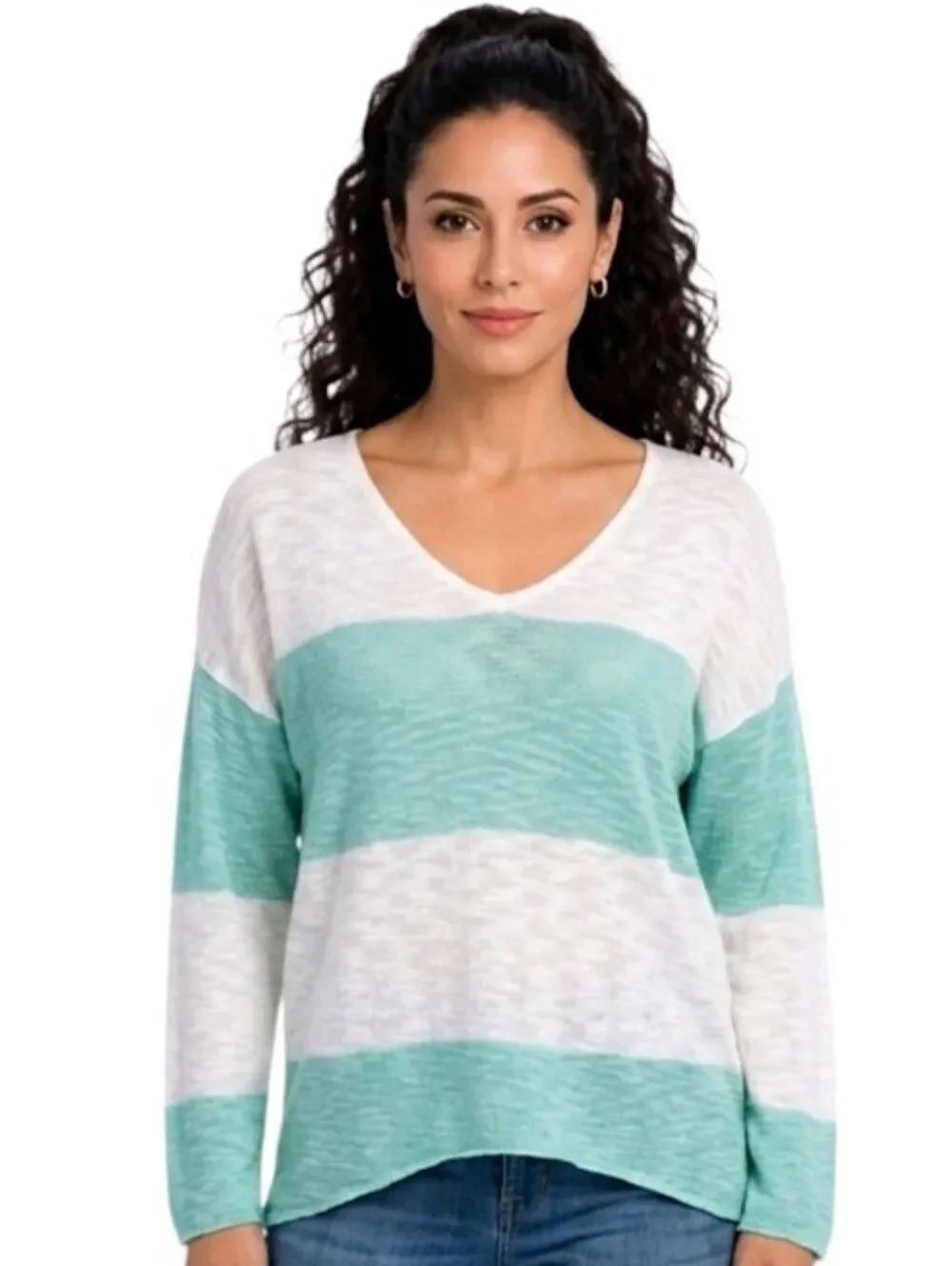 W. F. White and Mint Green Striped Burnt-out High/low V-neck Long Sleeve Sweater